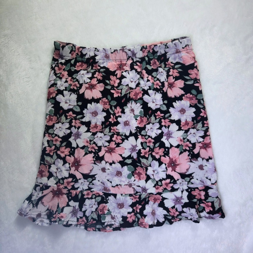 Floral Mini Skirt Black Pink‎ Purple Ruched Ruffle Hem XS